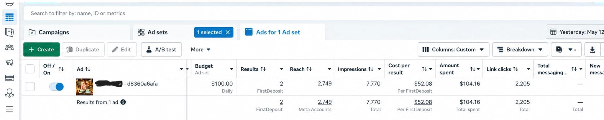 从点击到首存的 Meta Ads Manager 报告截图